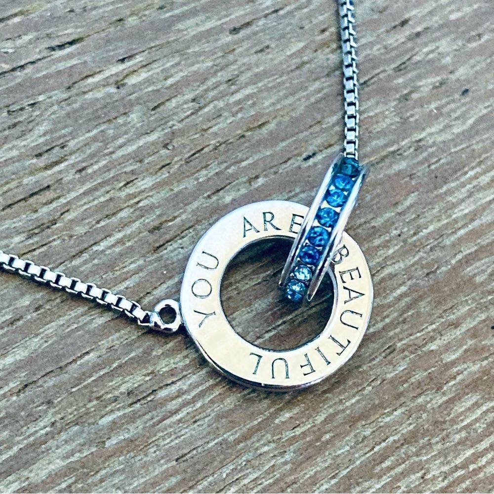 “You Are Beautiful” Blue Crystal Silver Necklace